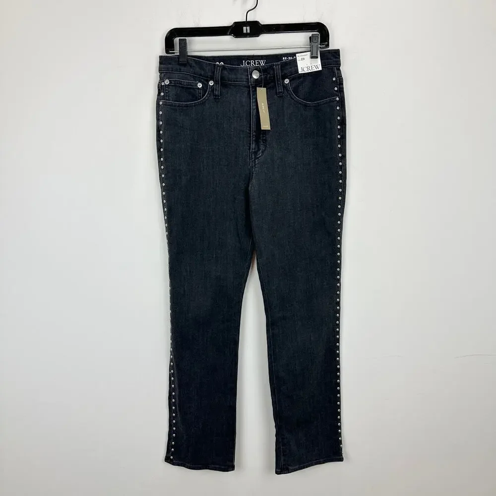 J.Crew Studded High Rise Straight Jean 1996 Semi Stretch Washed Black US 29 MWT